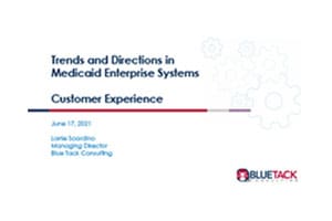 A white and red background with the words " trends and directions in medicaid enterprise systems customer experience ".