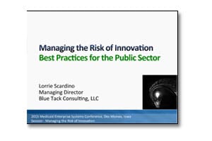 A slide that reads " managing the risk of innovation best practices for the public sector ".