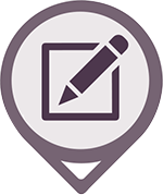 A purple pen and paper icon on a map